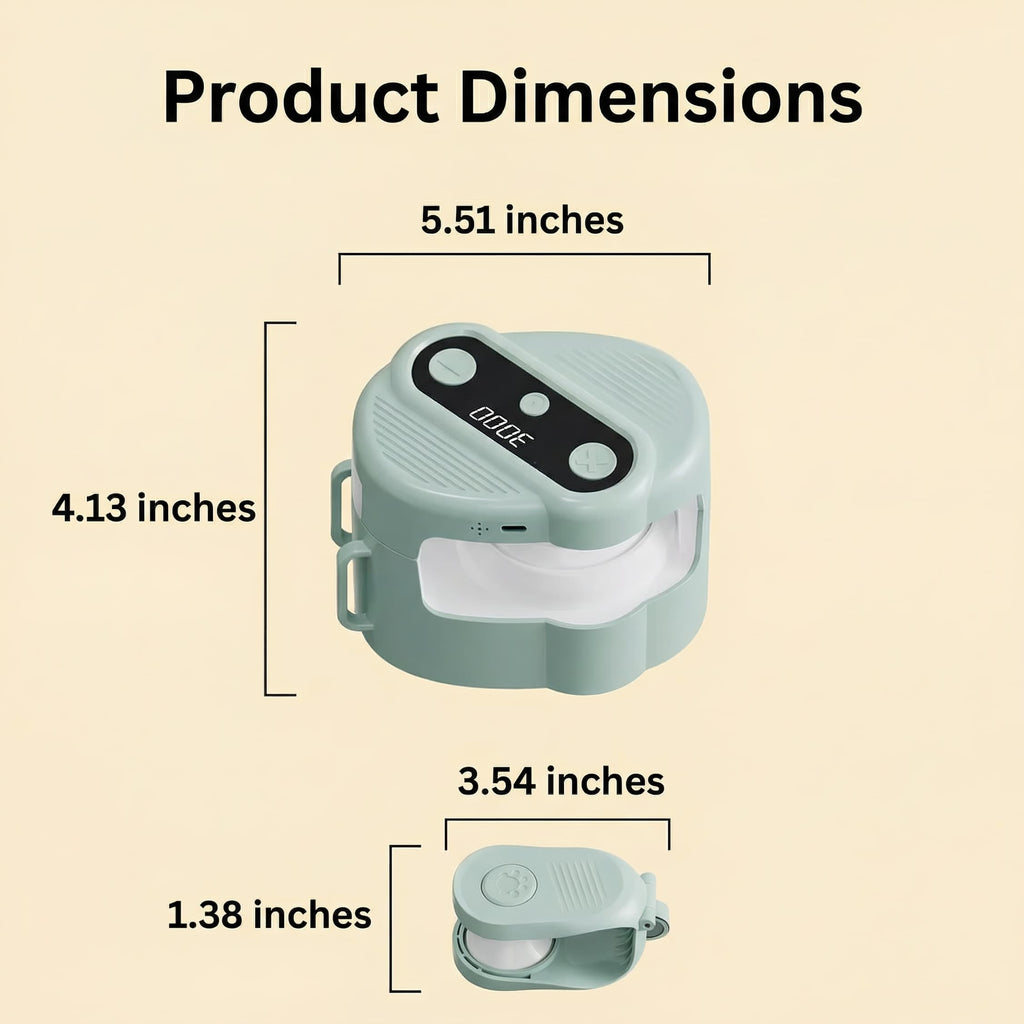 Product dimensions displayed with a small device on a beige background