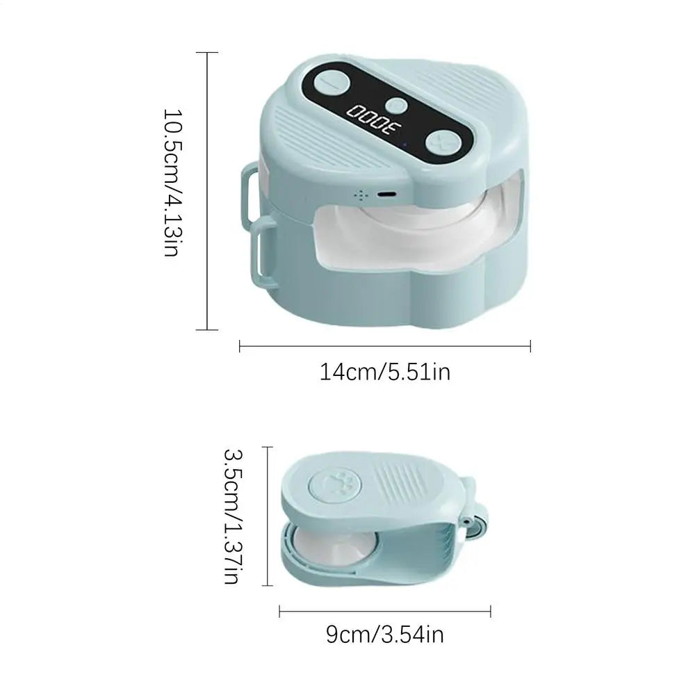 Small blue device with a digital display and dimensions indicated on a white background
