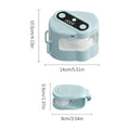 Small blue device with a digital display and dimensions indicated on a white background