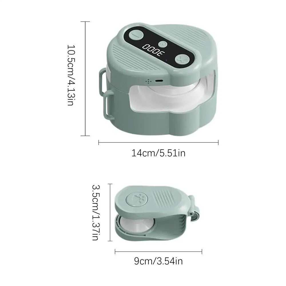 Green portable tissue holder with dimensions displayed on a white background