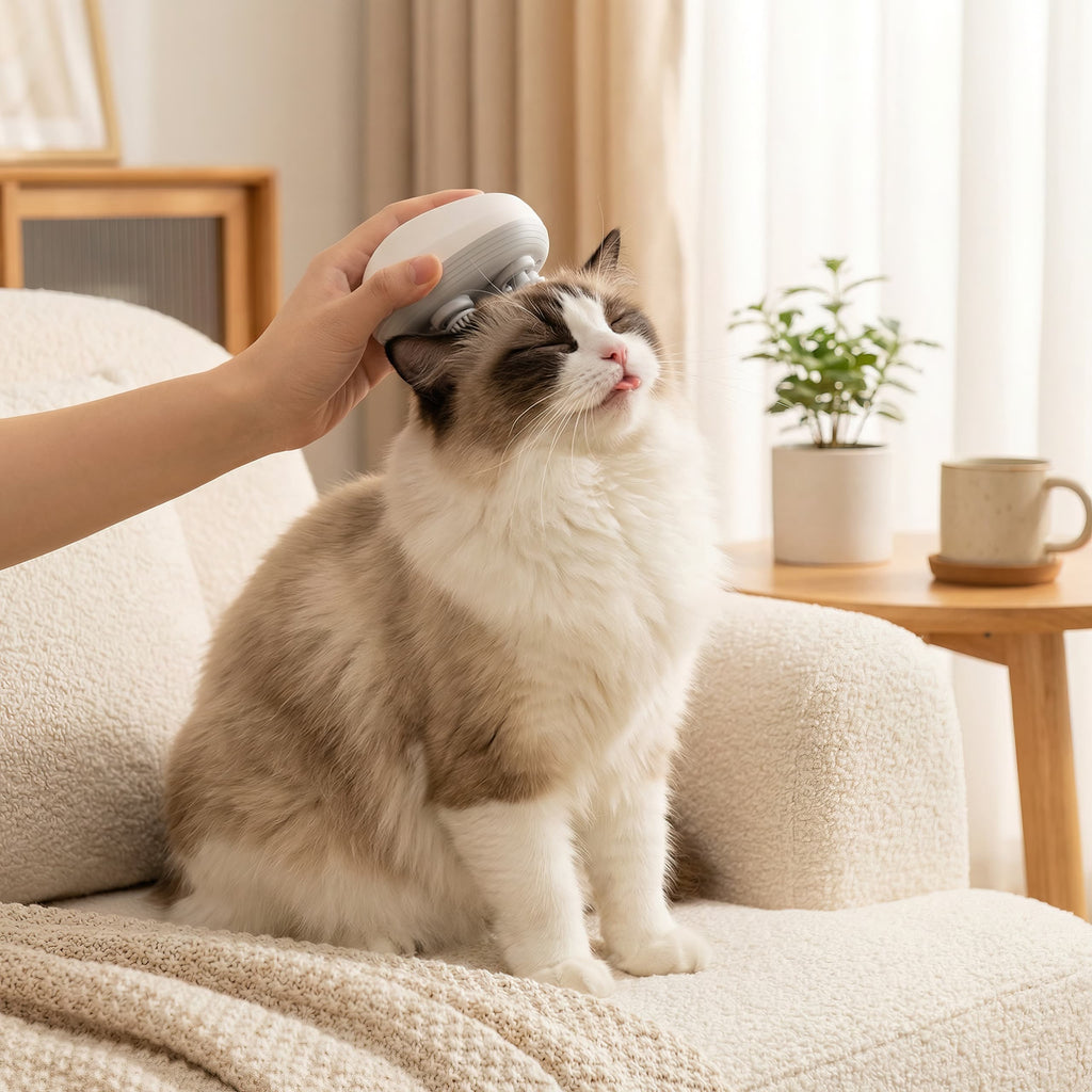 Person grooming a cat with a brush on a couch in a cozy living room.