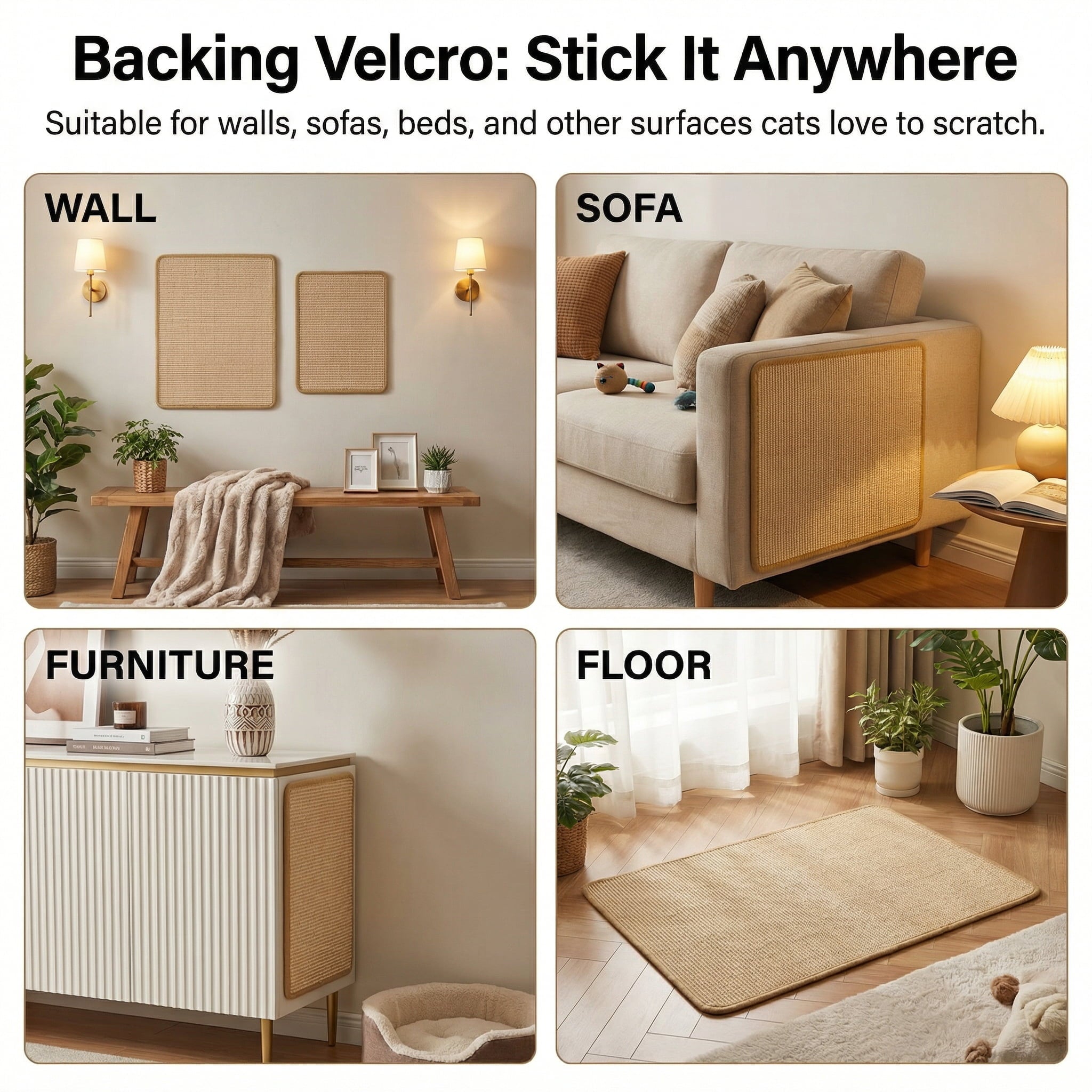 Product advertisement showing the versatility of a backing material suitable for walls, sofas, furniture, and floors.
