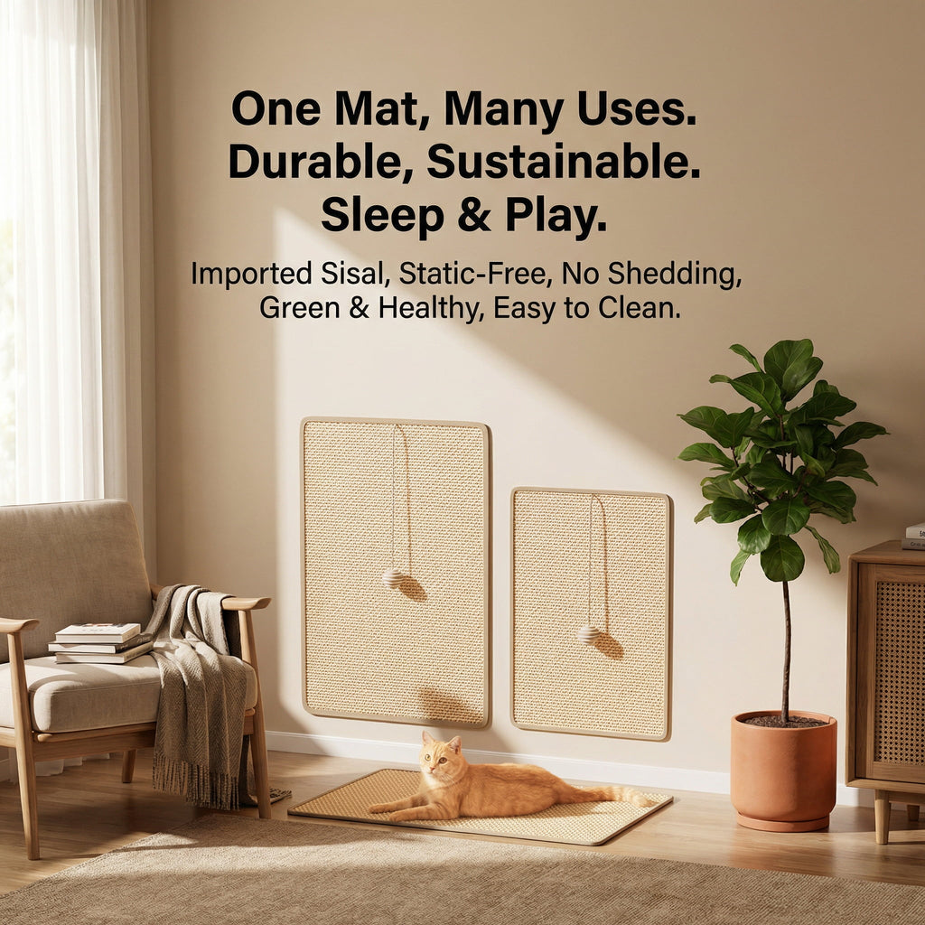 Cat lying on a mat in a room with text highlighting its features