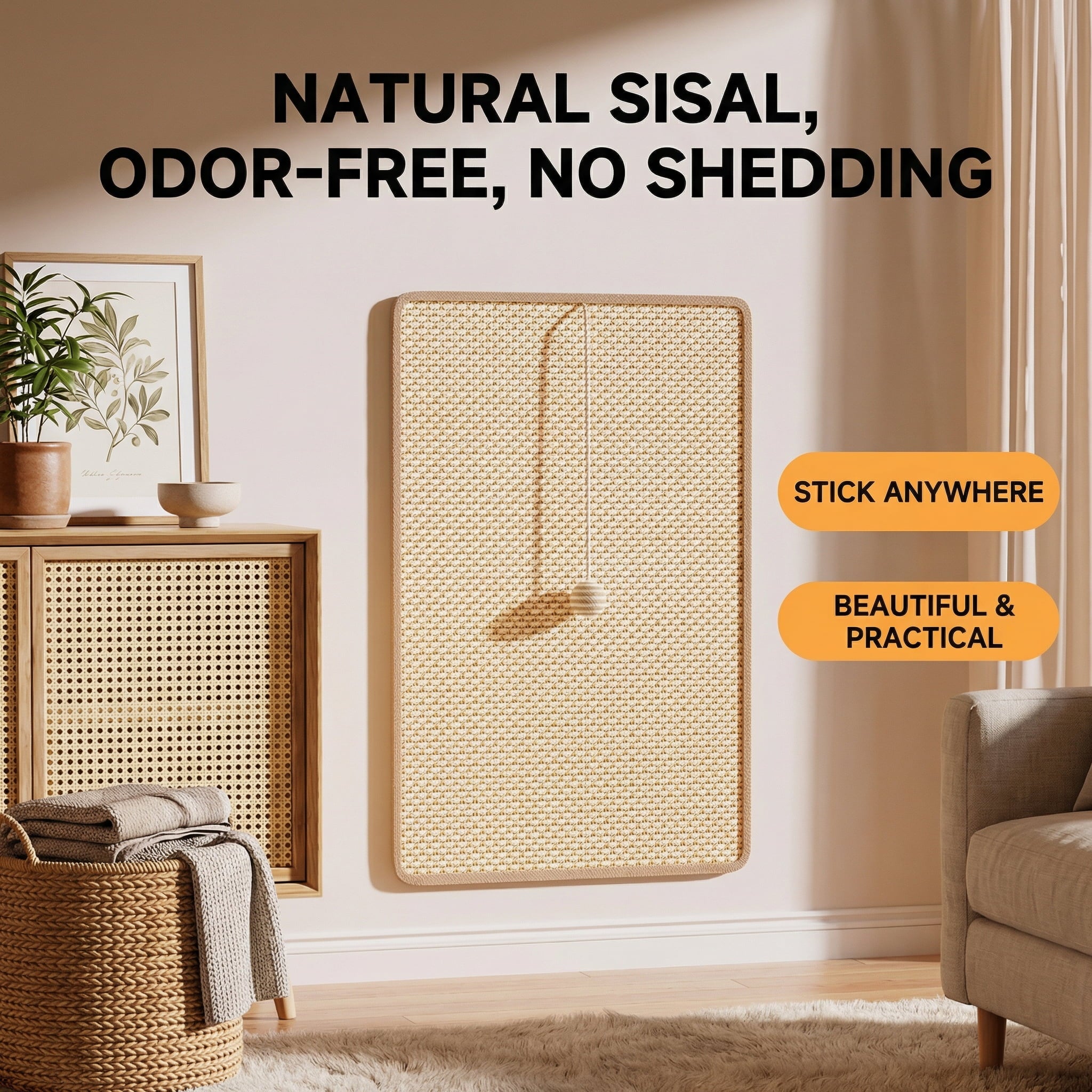 Woven wall art panel in a living room setting with text highlighting features.