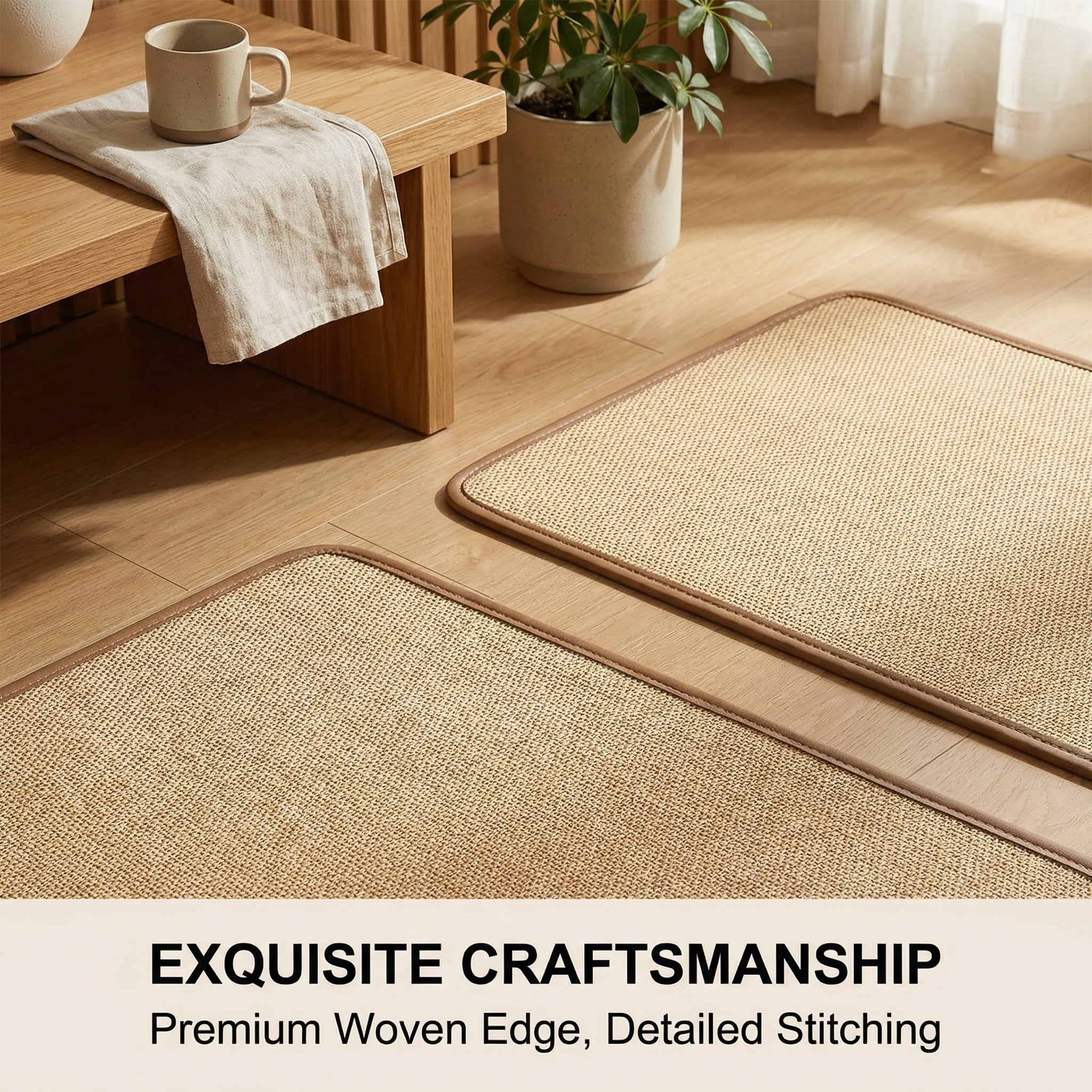 Woven mat on a wooden floor with a table and plant in the background, emphasizing 'Exquisite Craftsmanship'.