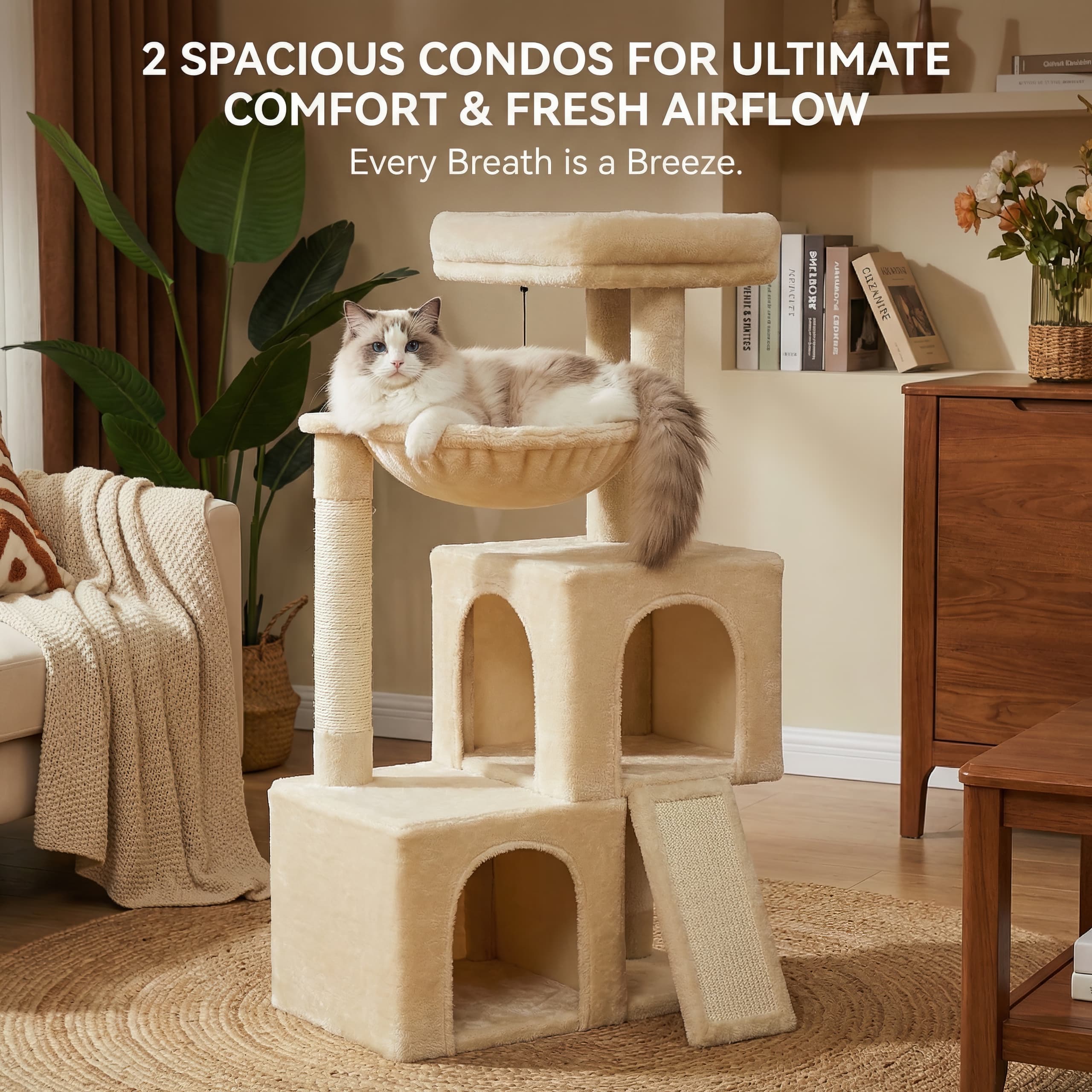 Cat sitting on a beige cat tree in a cozy living room with text about spacious condos.