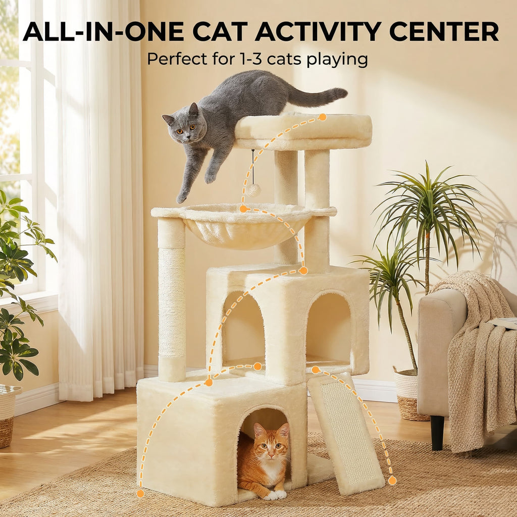 Cat activity center with two cats in a living room setting