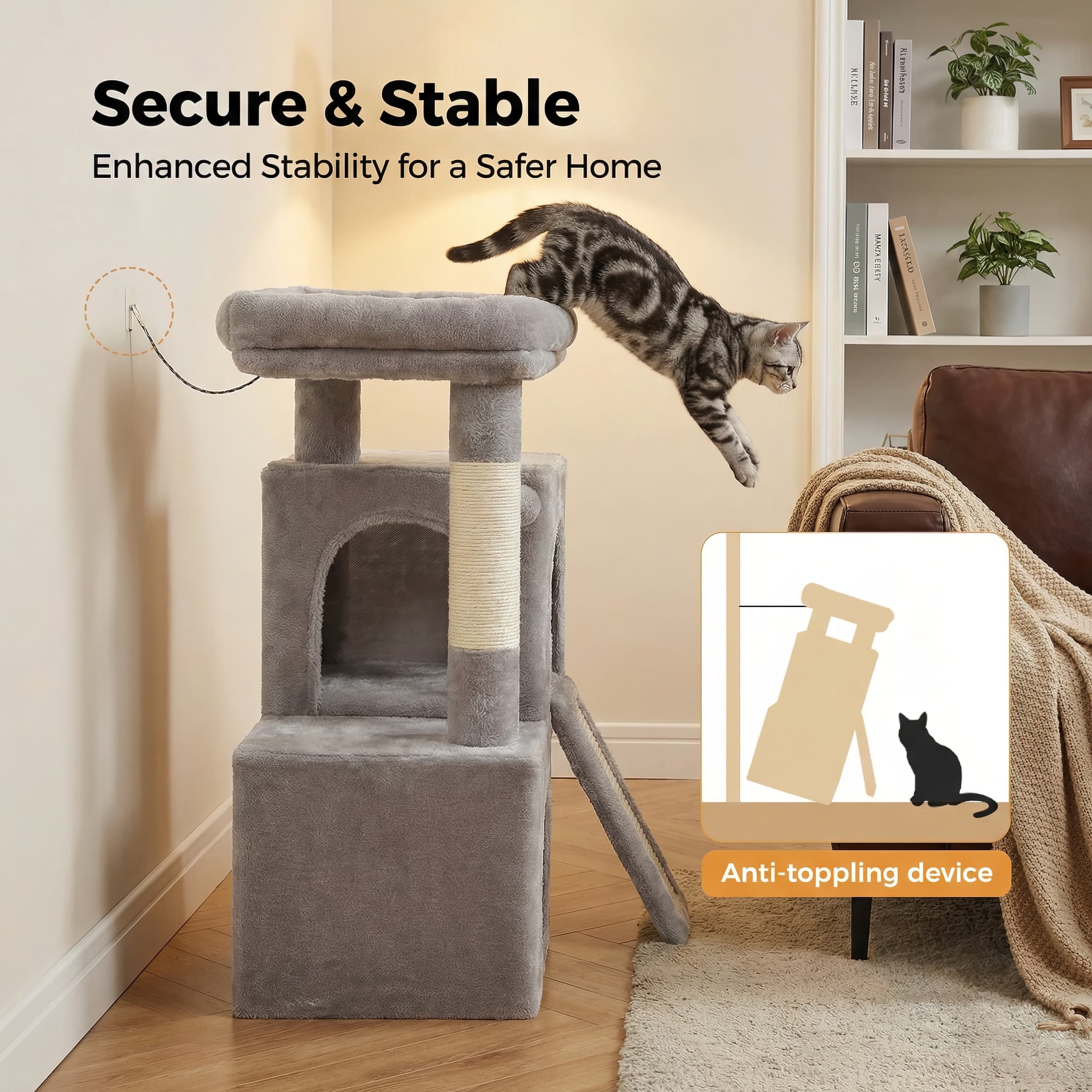 Cat climbing post with anti-toppling device in a home setting