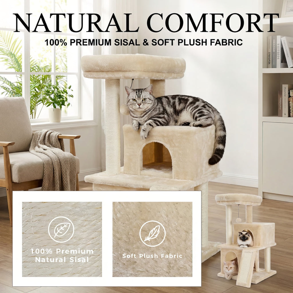 Cat sitting on a beige cat tree with 'Natural Comfort' text and product details.