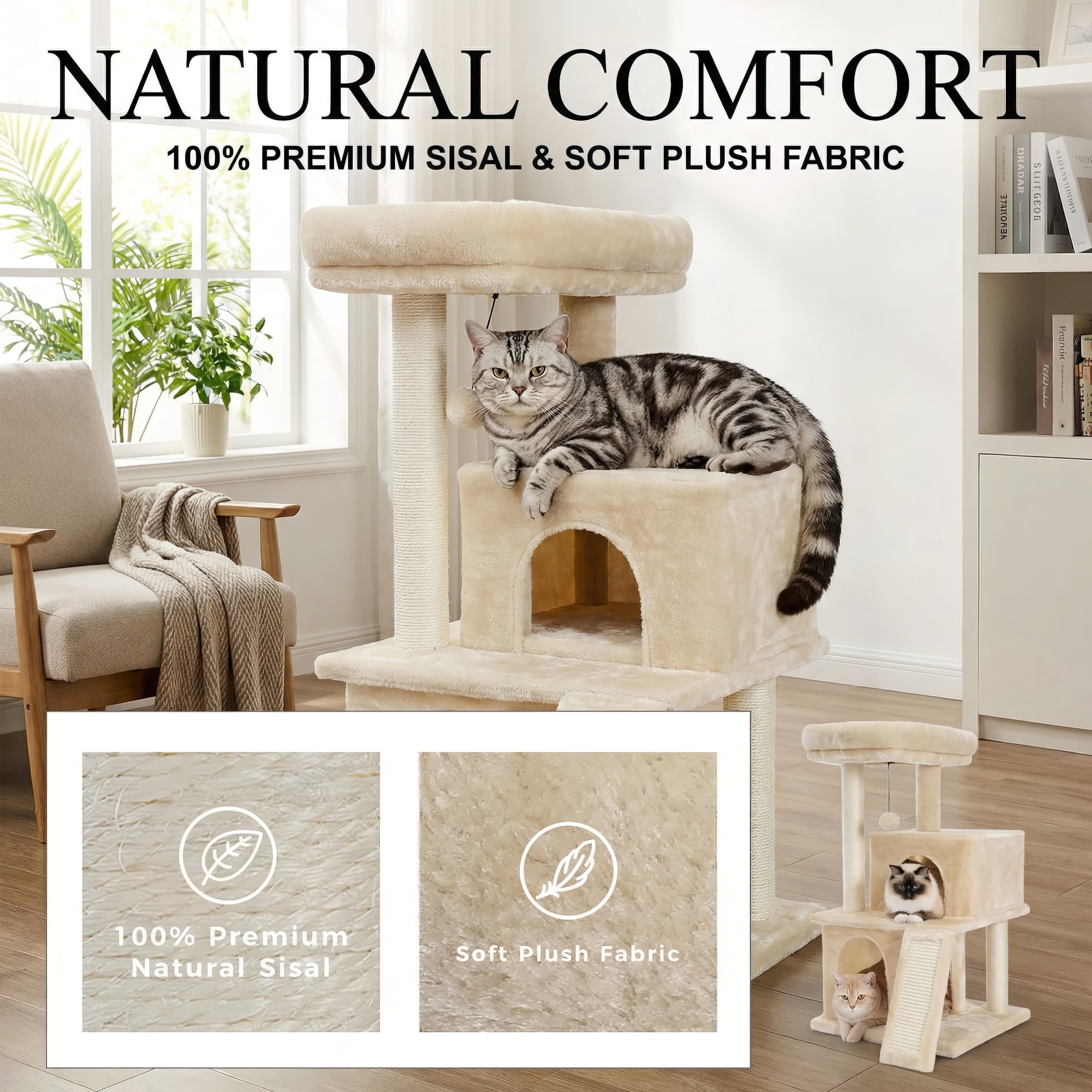 Cat sitting on a beige cat tree with 'Natural Comfort' text and product details.