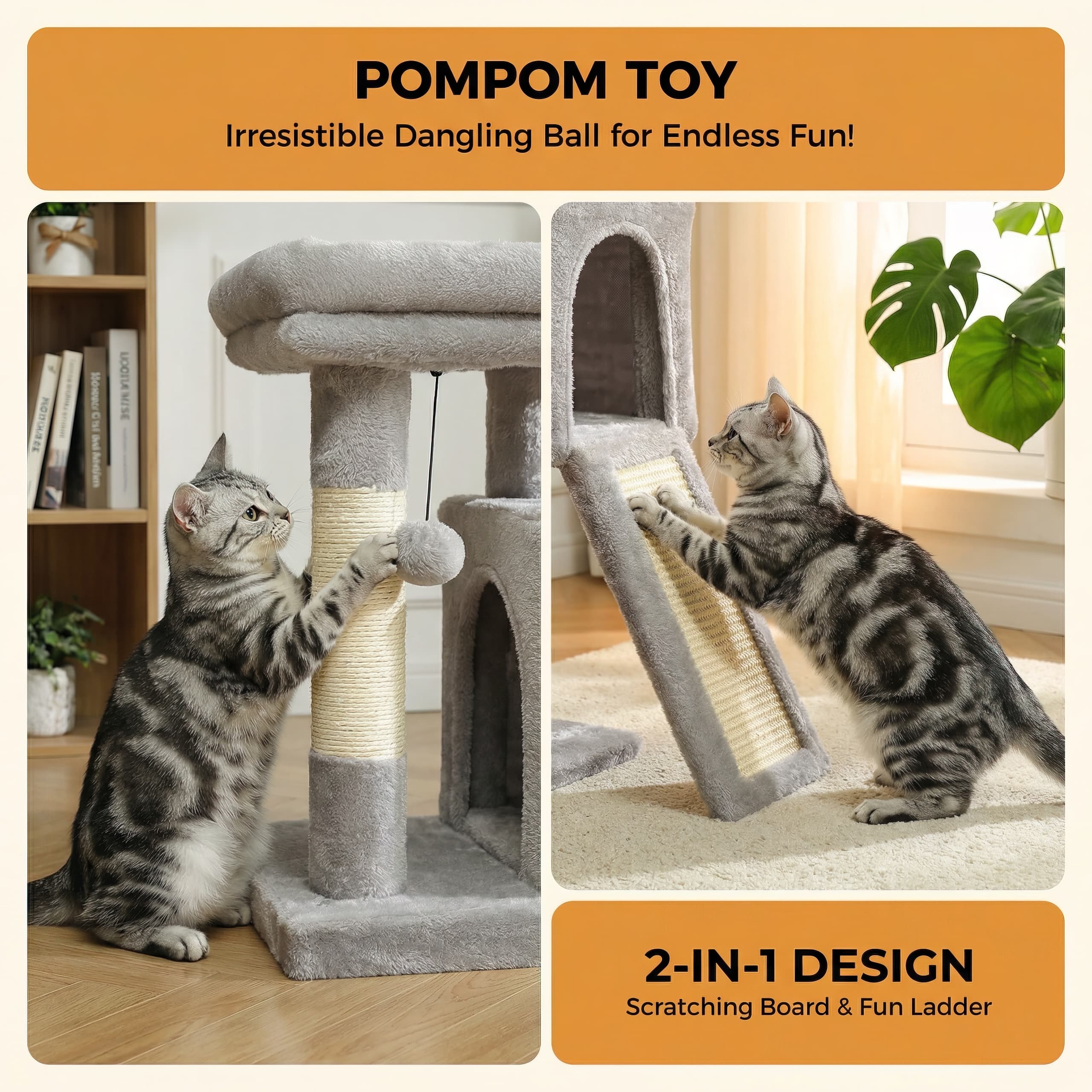 Cat playing with a pom-pom toy attached to a scratching post and fun ladder in a home setting.