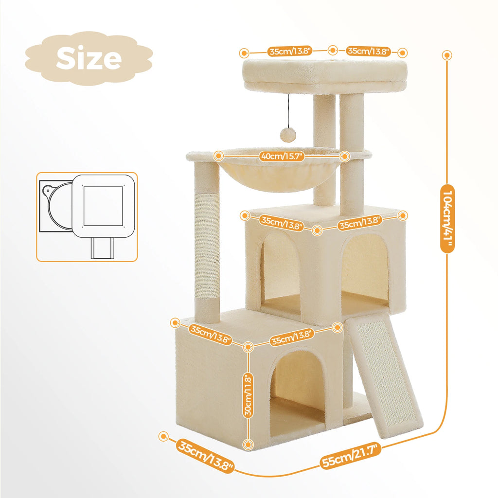 Beige cat tree with dimensions indicated on a white background