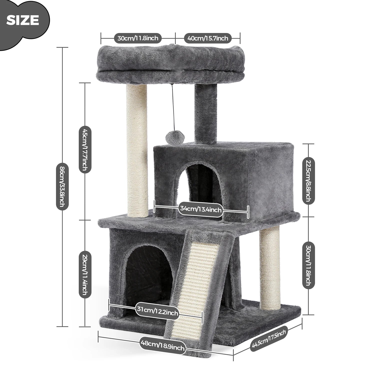 Cat tree with dimensions labeled on a white background