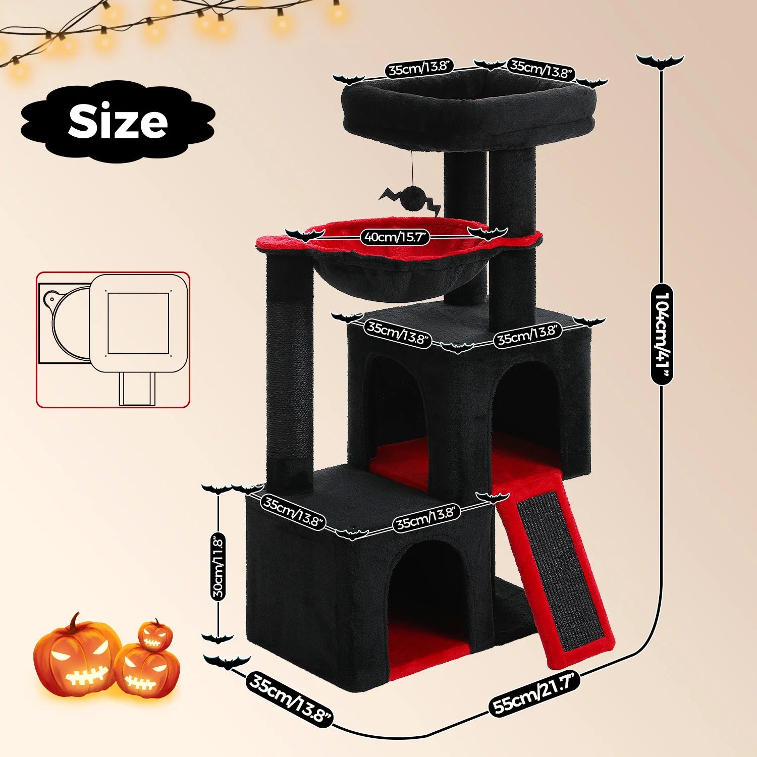 Black and red cat tree with measurements on a beige background