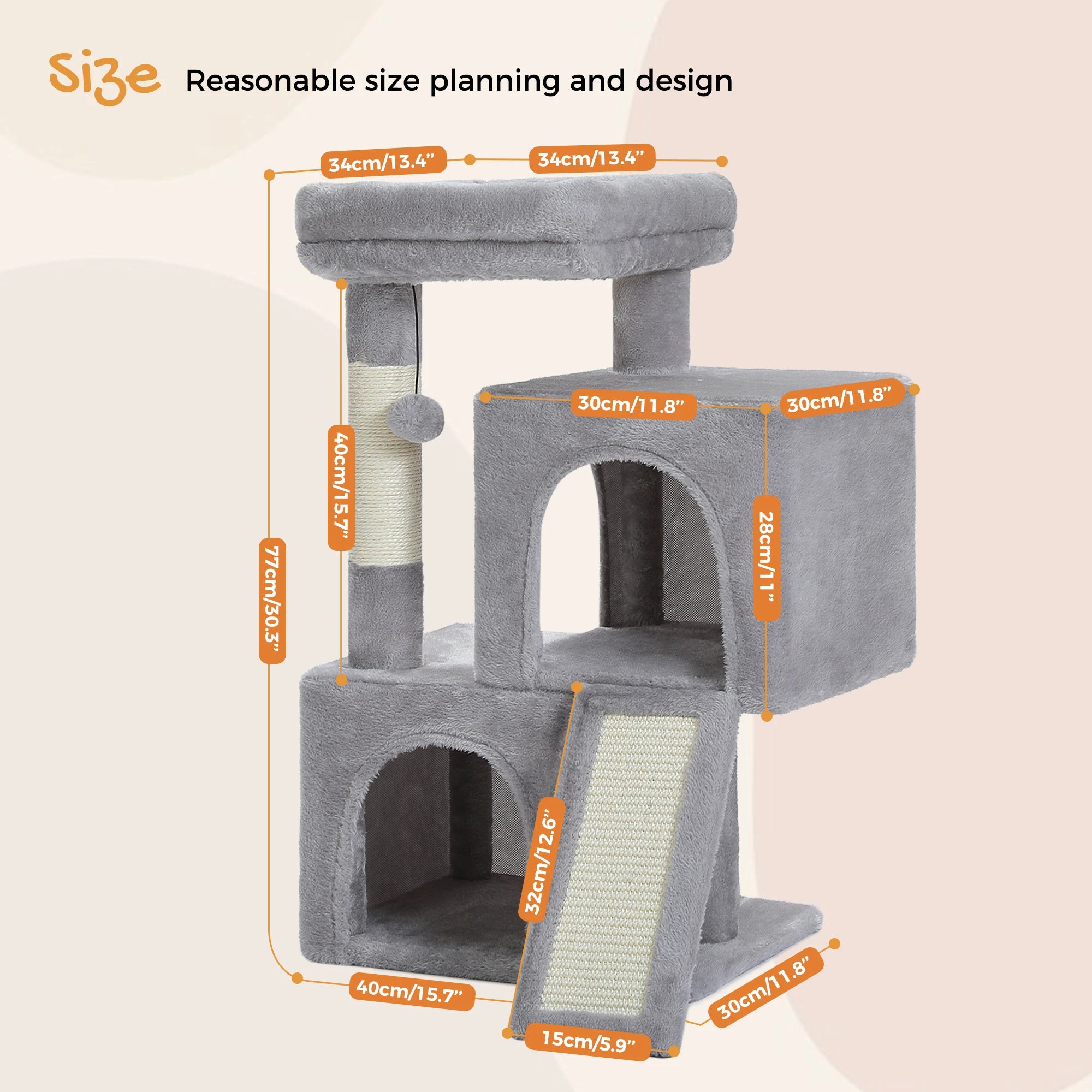 Gray cat tree with dimensions labeled on a beige background