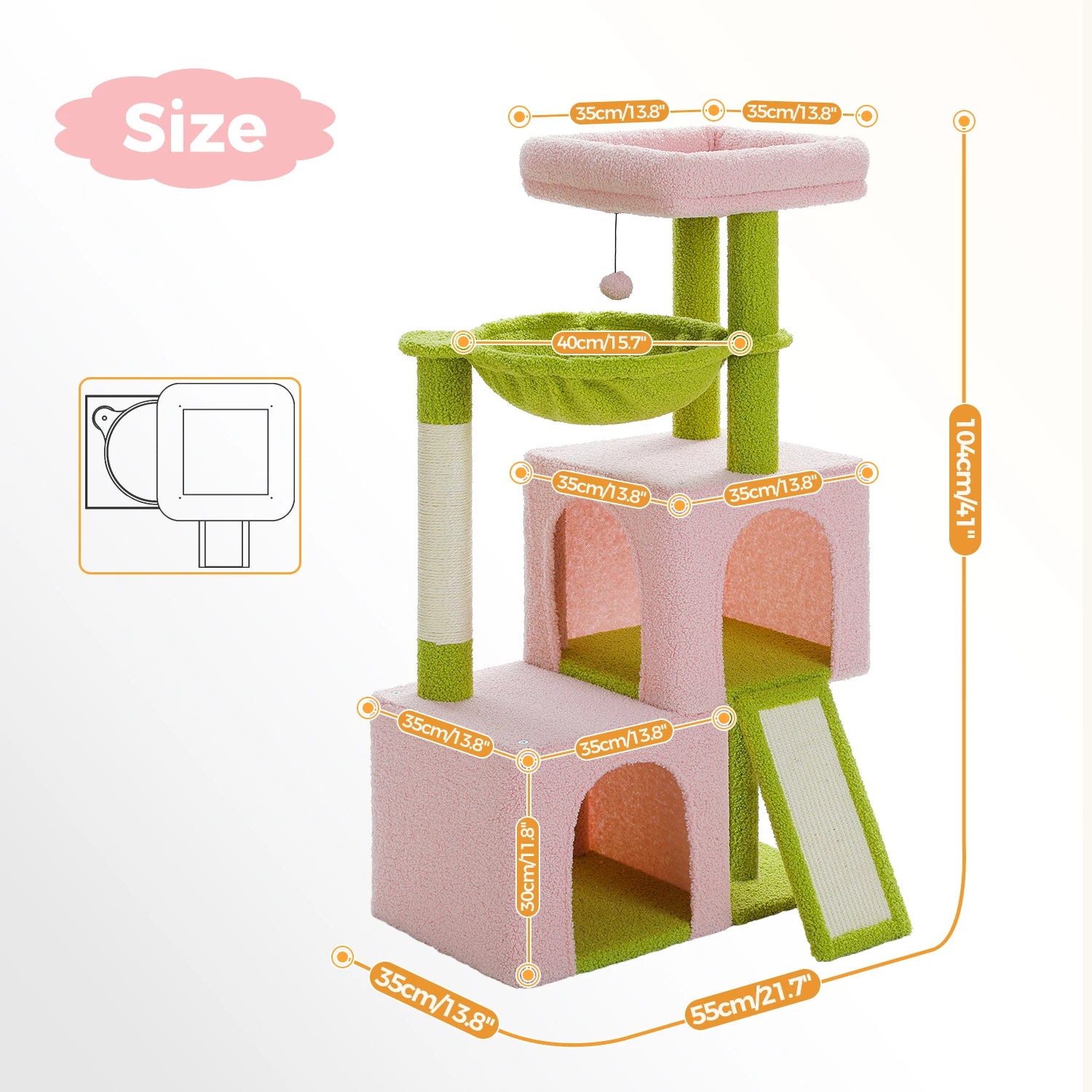 Cat tree with dimensions labeled on a white background