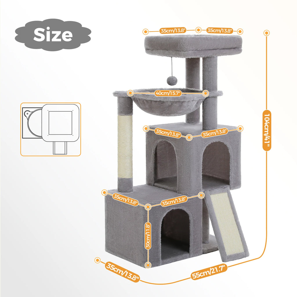 Gray cat tree with measurements on a white background