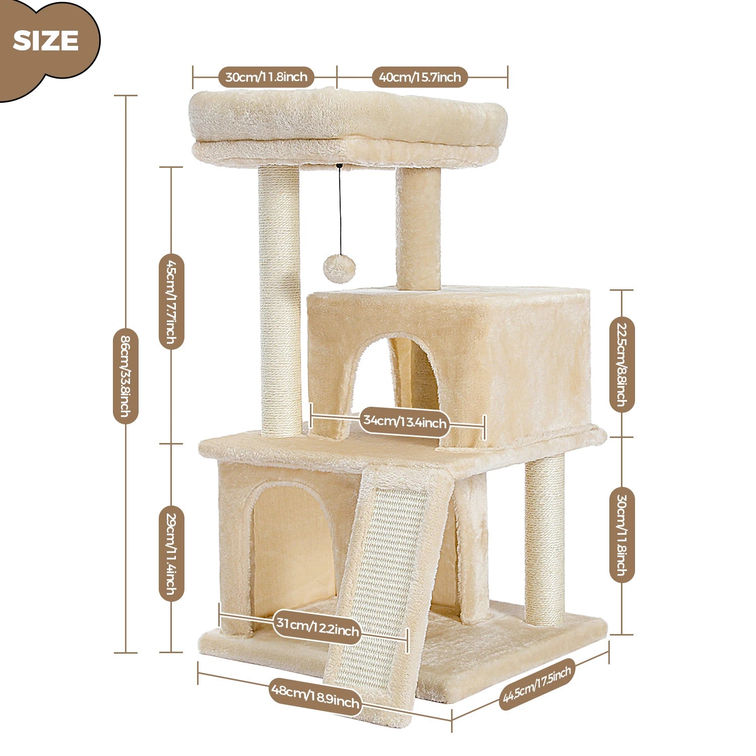 Beige cat tree with dimensions labeled on a white background