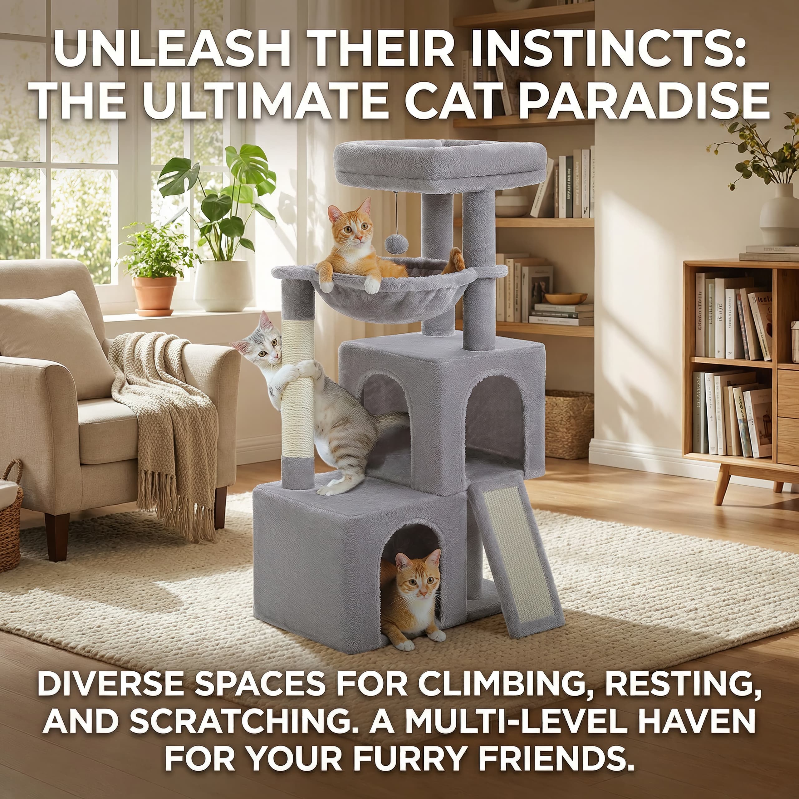 Cat tree in a living room with text highlighting its features