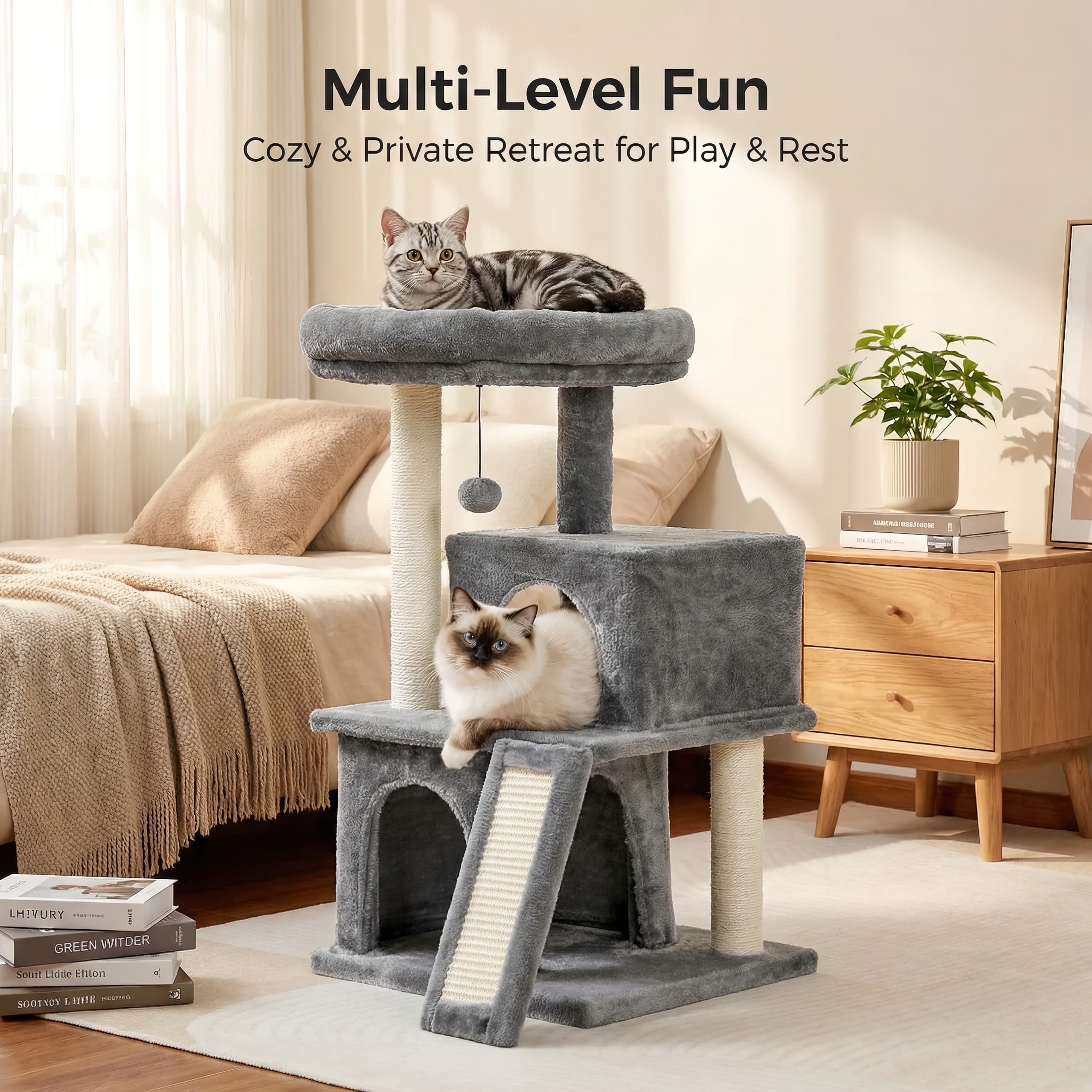 Cat tree with two cats on a cozy living room floor, text 'Multi-Level Fun Cozy & Private Retreat for Play & Rest'.