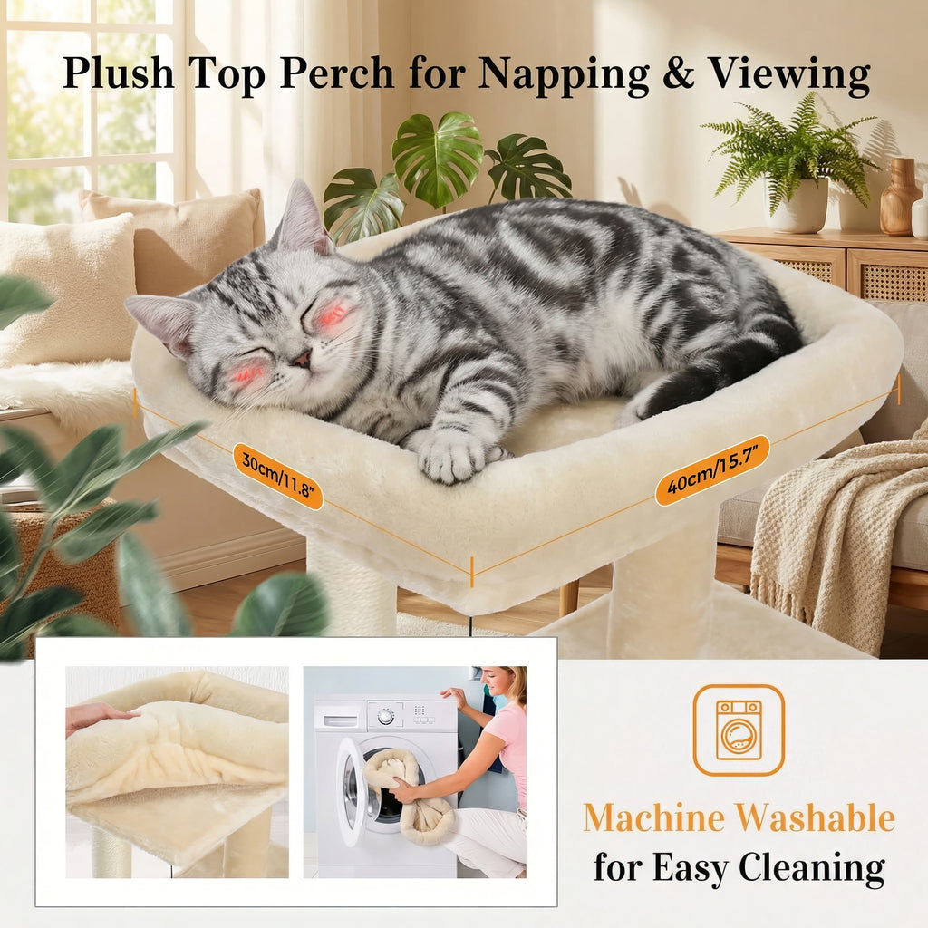 Cat resting on a plush top perch with text indicating its use for napping and viewing, and machine washable feature.