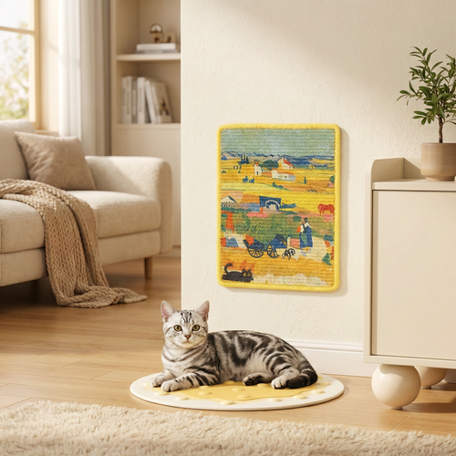Cat lying on a round mat in a living room with a colorful tapestry on the wall.