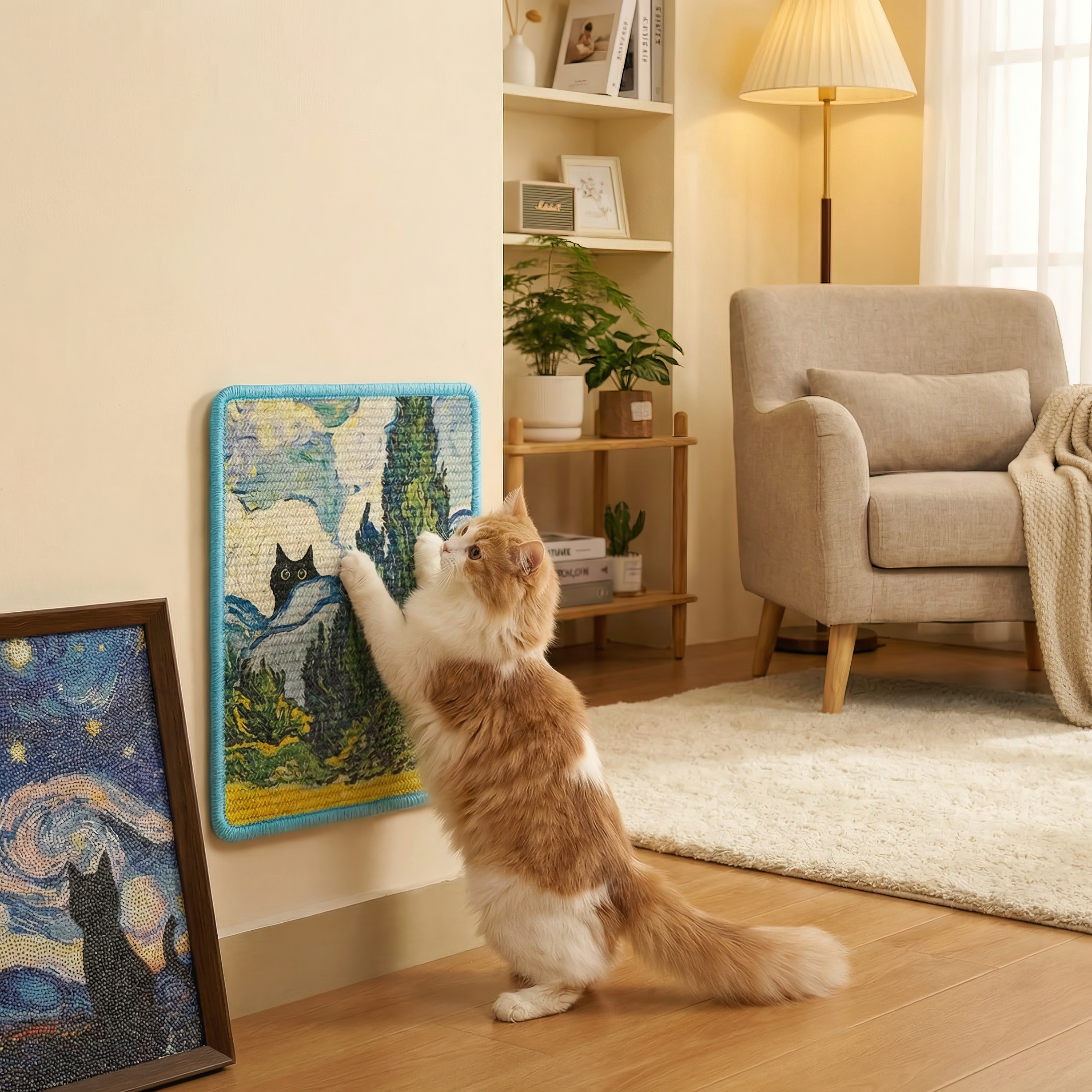 Cat playing with a puzzle toy on a wall in a cozy living room.