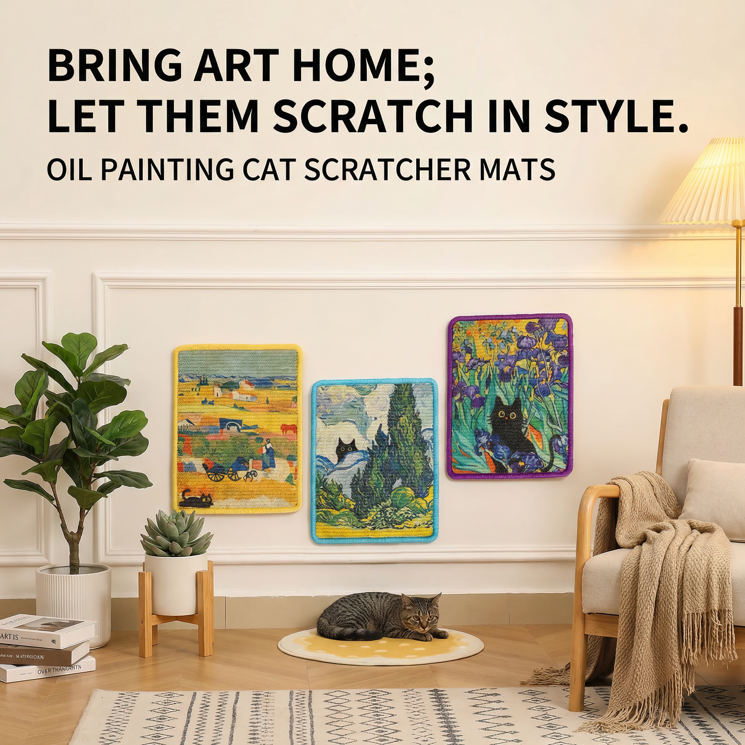 Cat scratcher mats designed to look like famous oil paintings in a living room setting.