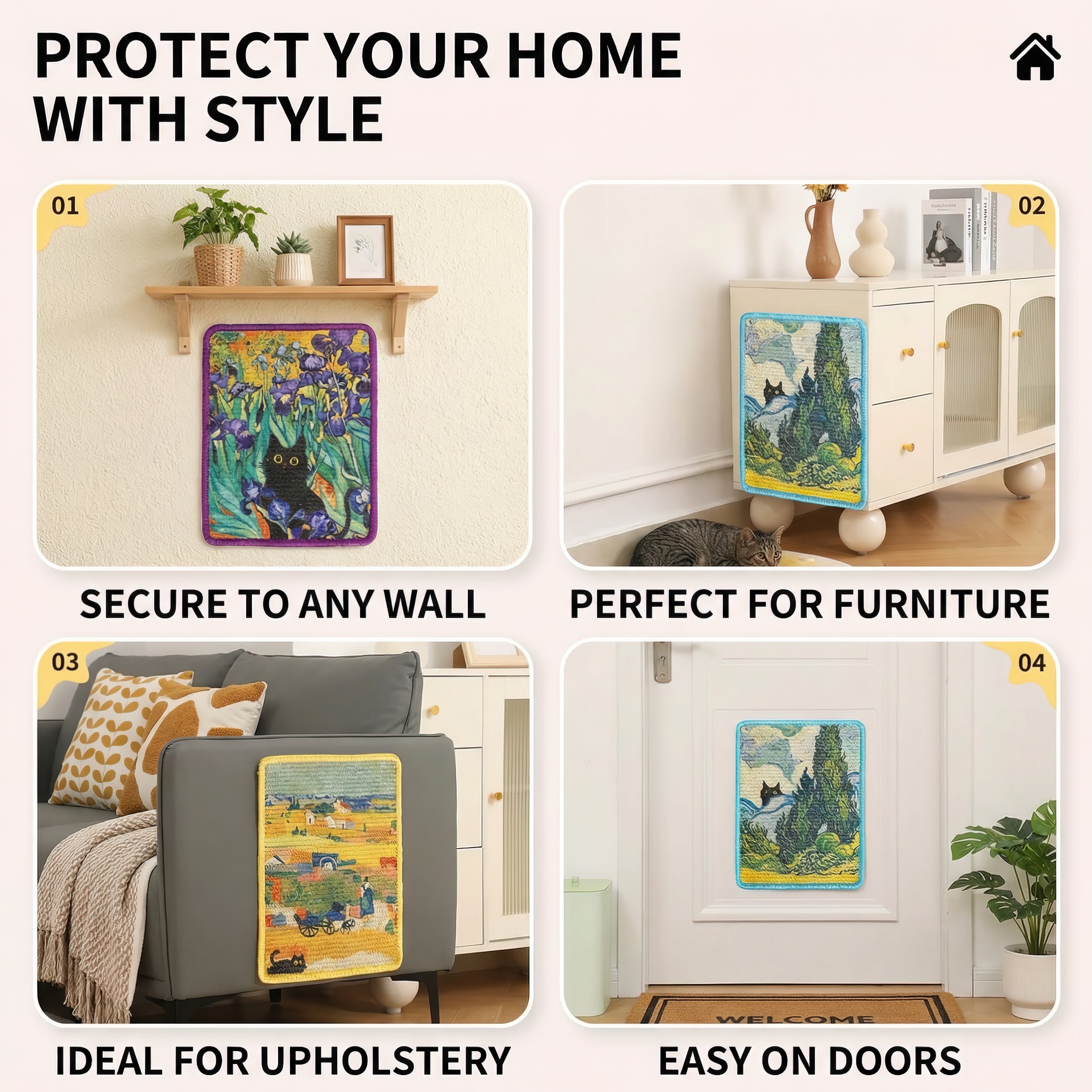 Product advertisement showing Van Gogh art prints on various surfaces with text highlighting features.
