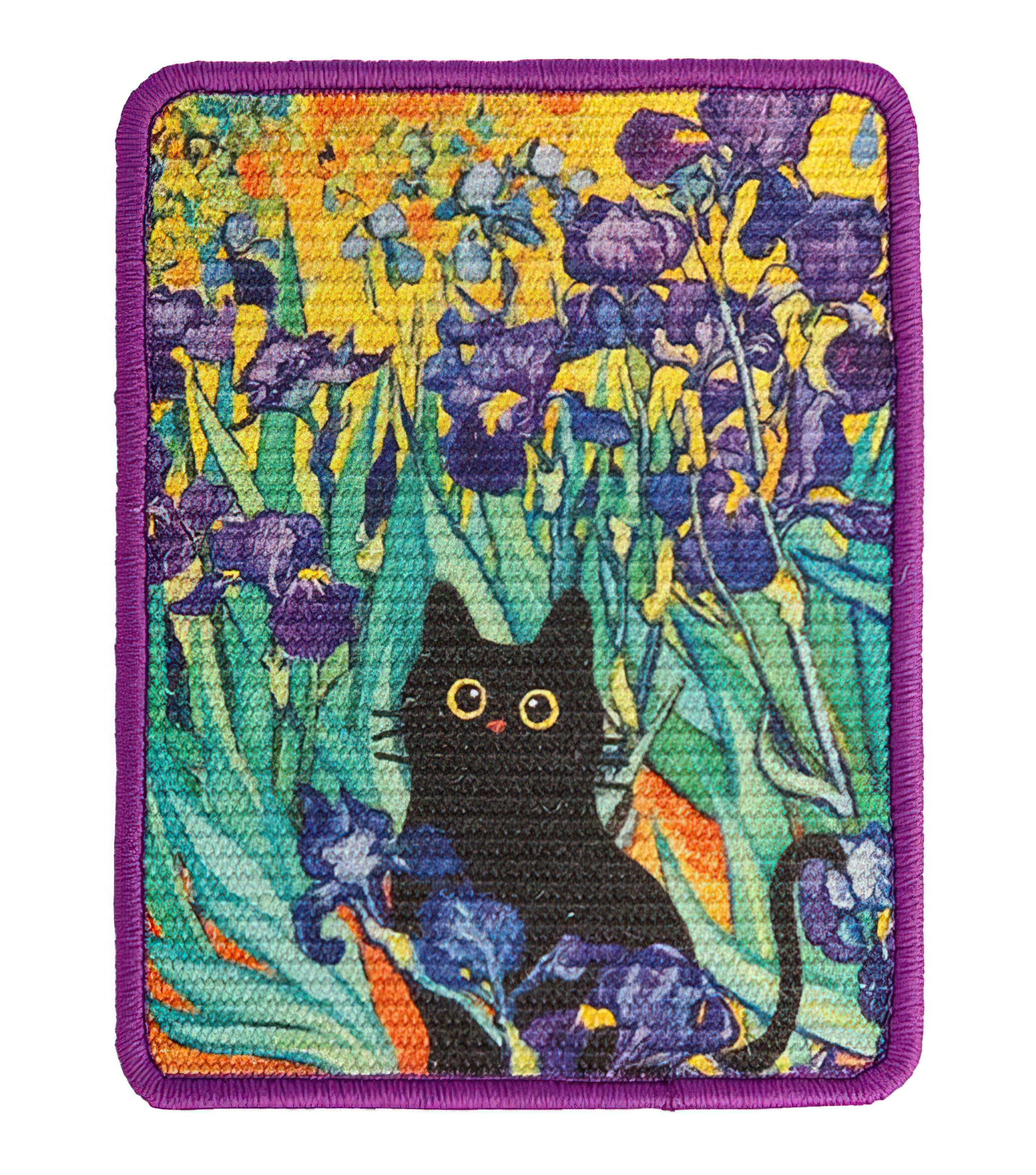 Patch with a black cat among flowers on a colorful background
