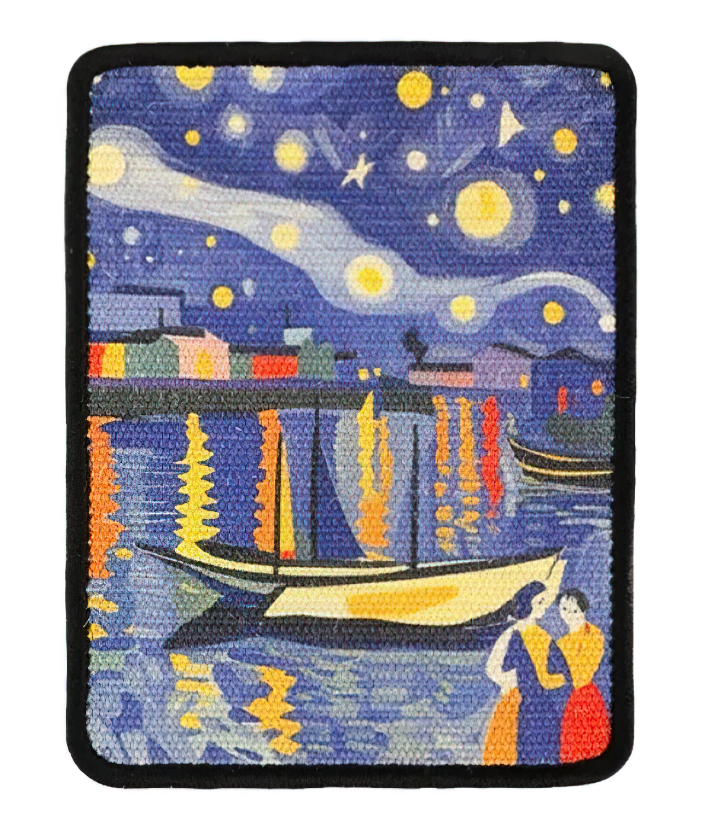Decorative pillow with a stylized depiction of a night scene with boats and people, inspired by famous artwork.