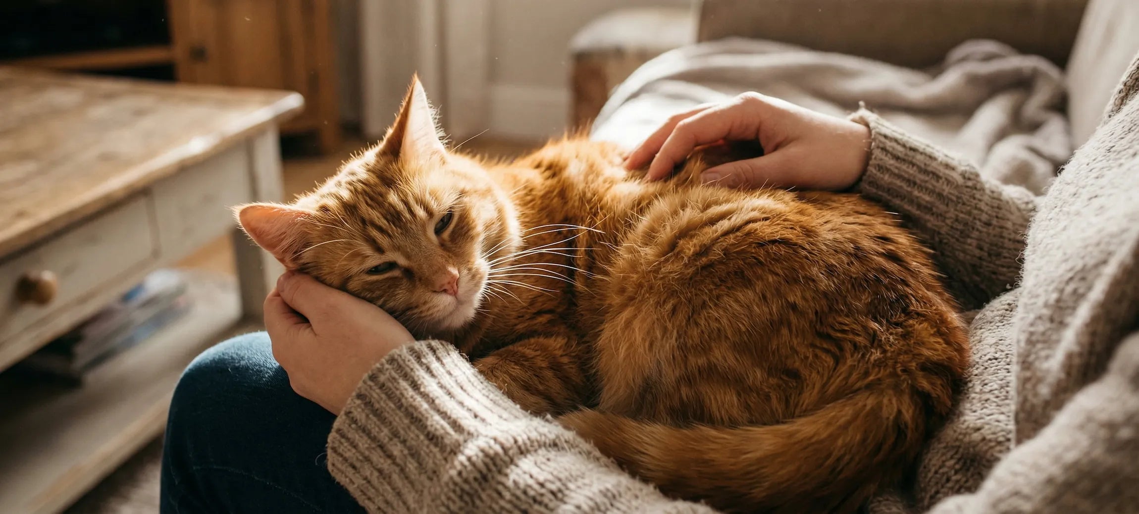 Person petting a fluffy orange cat in a cozy living room.