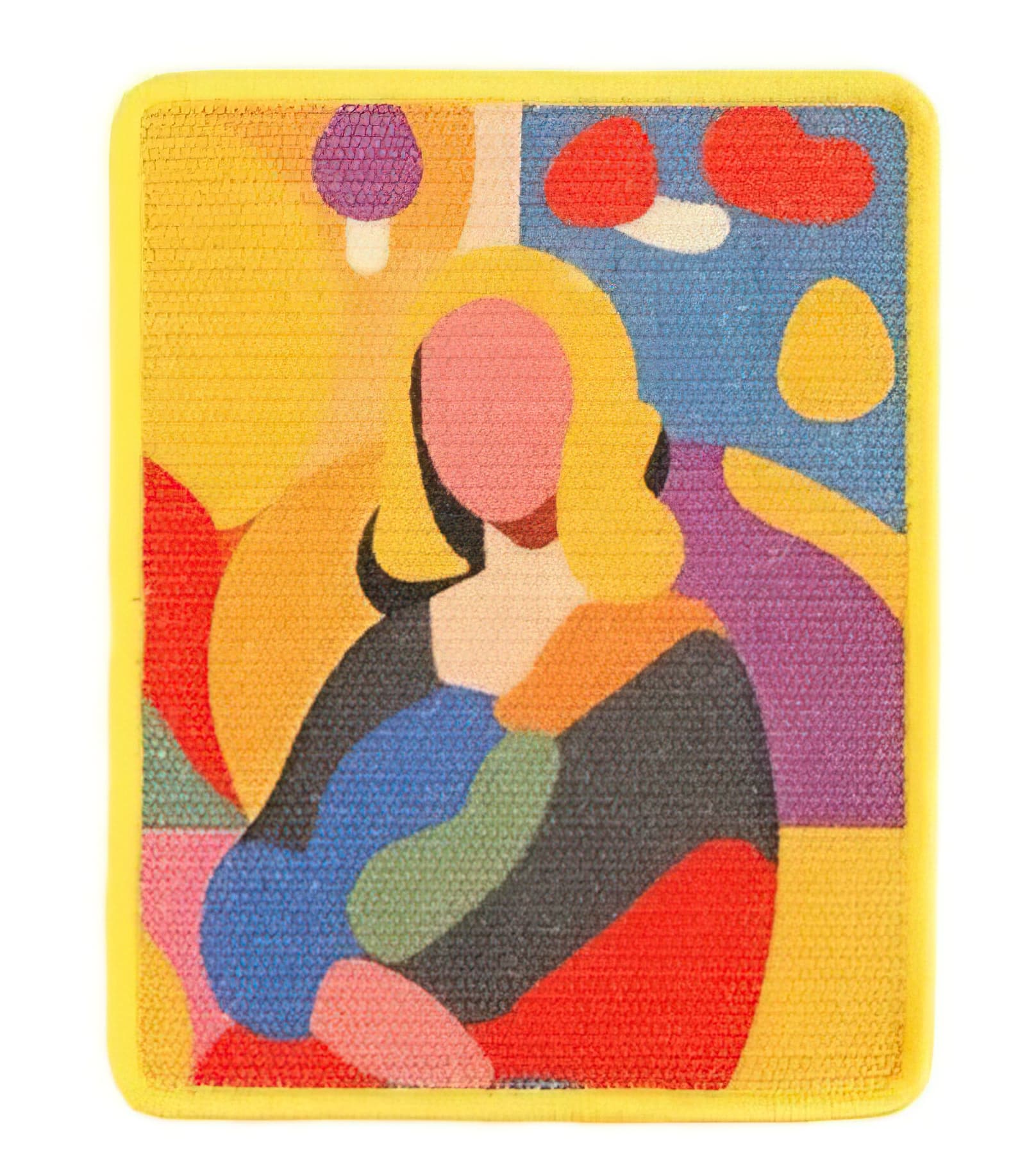 Colorful abstract design patch with a stylized face on a yellow border