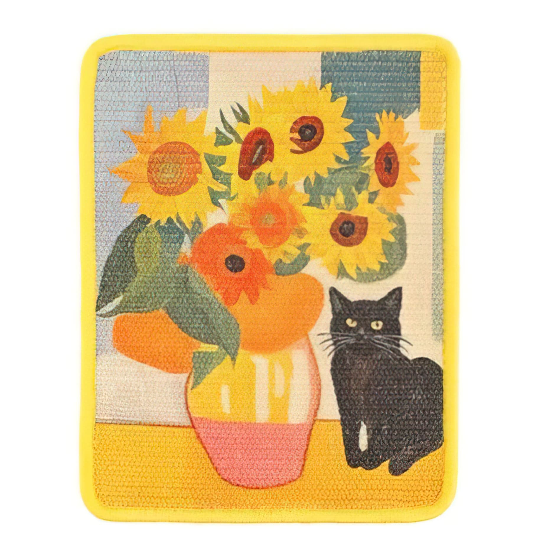 Patch with sunflowers and a black cat on a yellow border