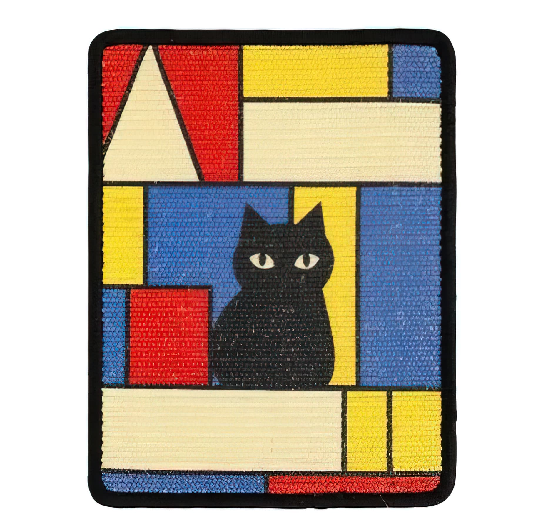 Patch with a black cat design on a colorful geometric background