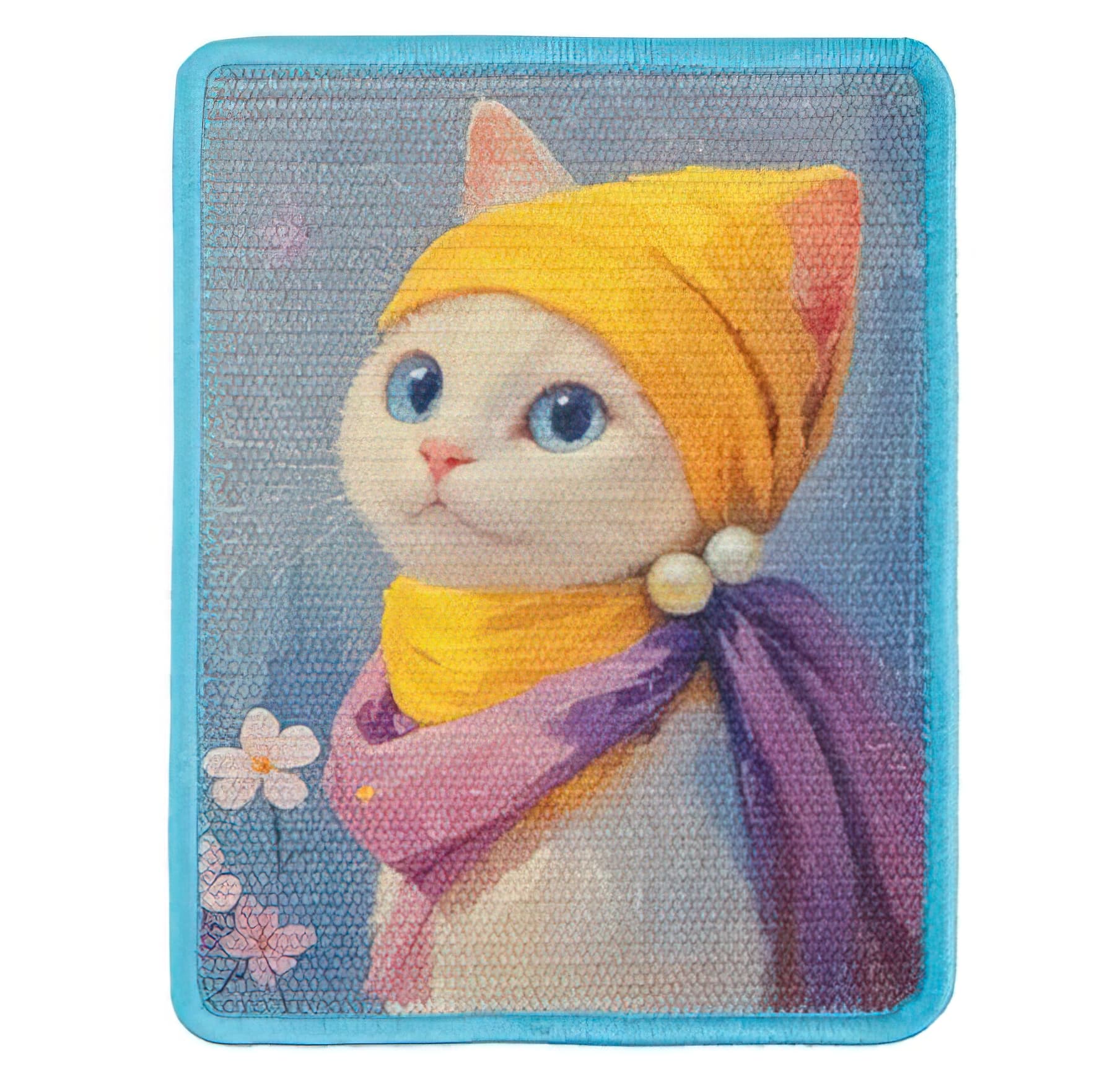 Cat with a yellow hat and purple scarf on a blue background