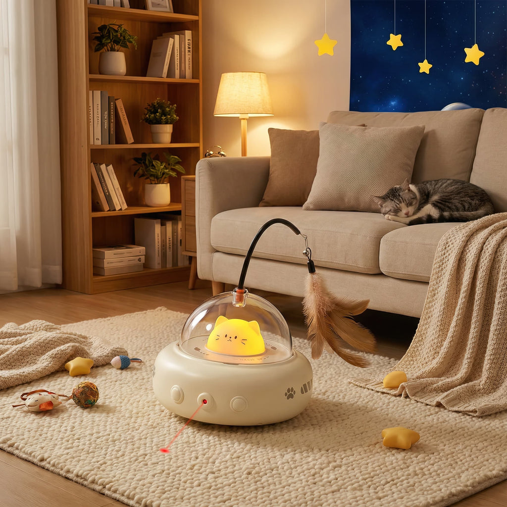 Cat toy with a glowing yellow ball on a rug in a cozy living room.