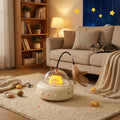 Cat toy with a glowing yellow ball on a rug in a cozy living room.