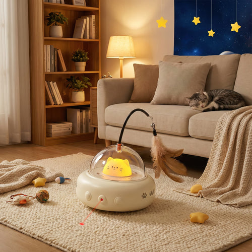 Cat toy with a glowing yellow ball on a rug in a cozy living room.