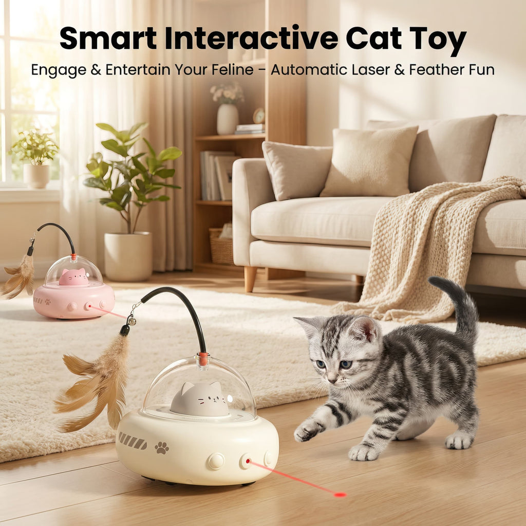 Smart interactive cat toy with a kitten playing with it in a living room.