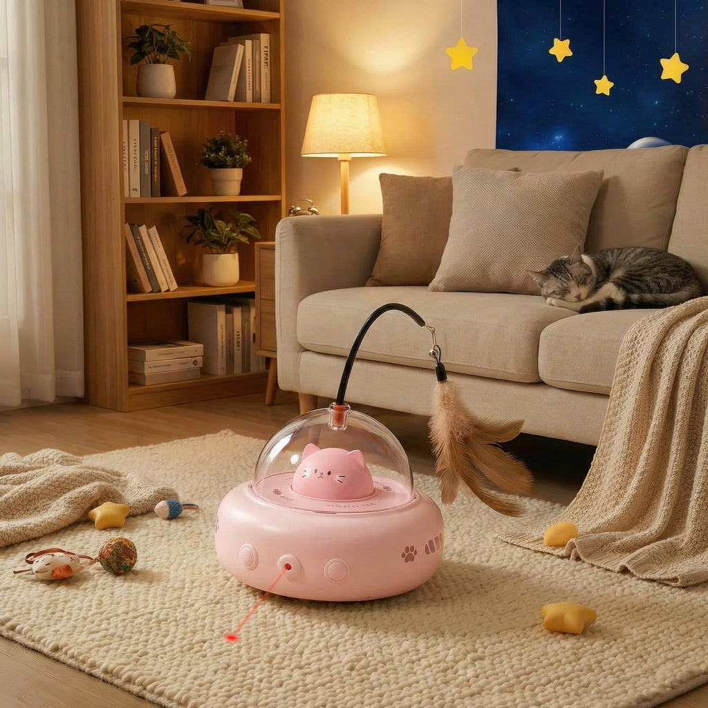 Pink cat toy with a transparent dome on a rug in a cozy living room.