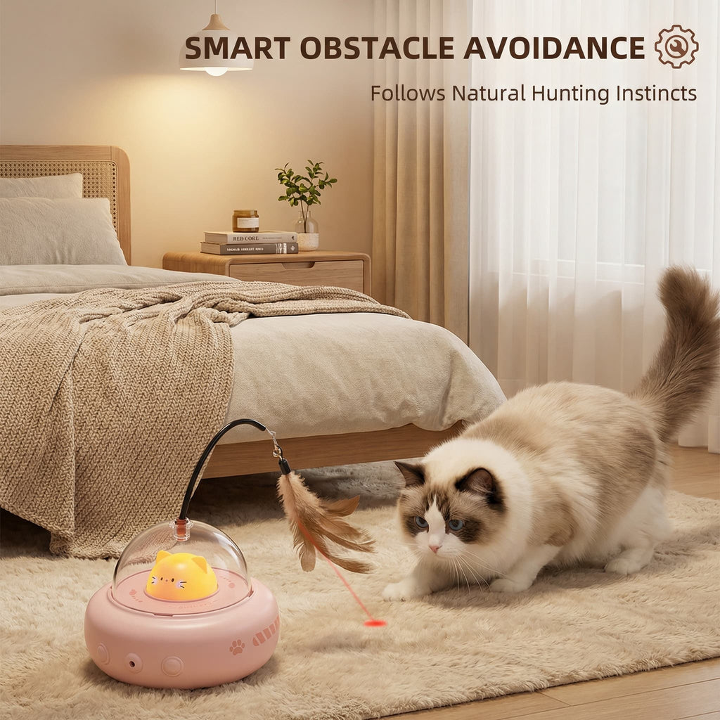Cat playing with a pink toy that follows natural hunting instincts in a bedroom setting.