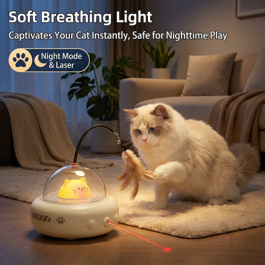Cat playing with a soft breathing light in a cozy living room.