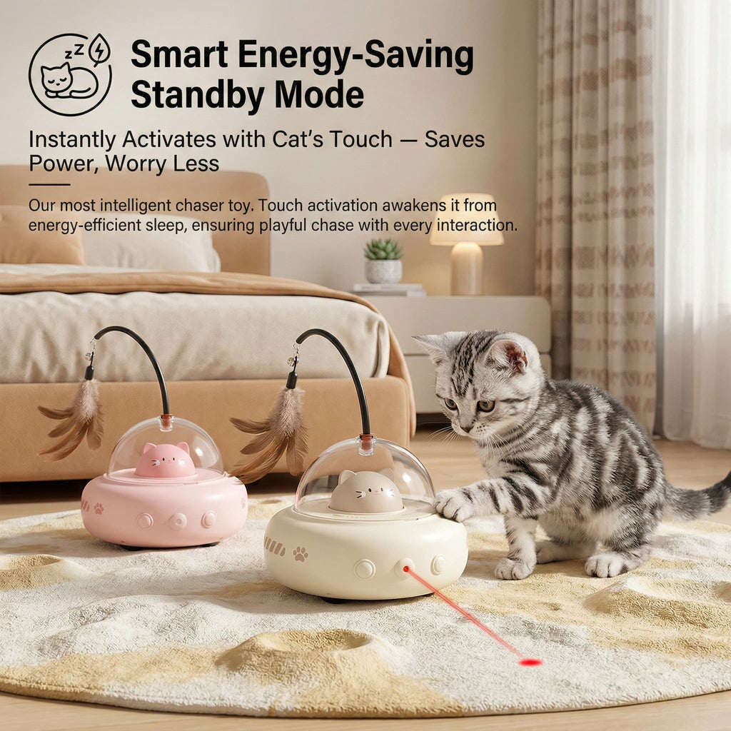 Cat playing with a toy that activates with cat's touch, set in a home interior.