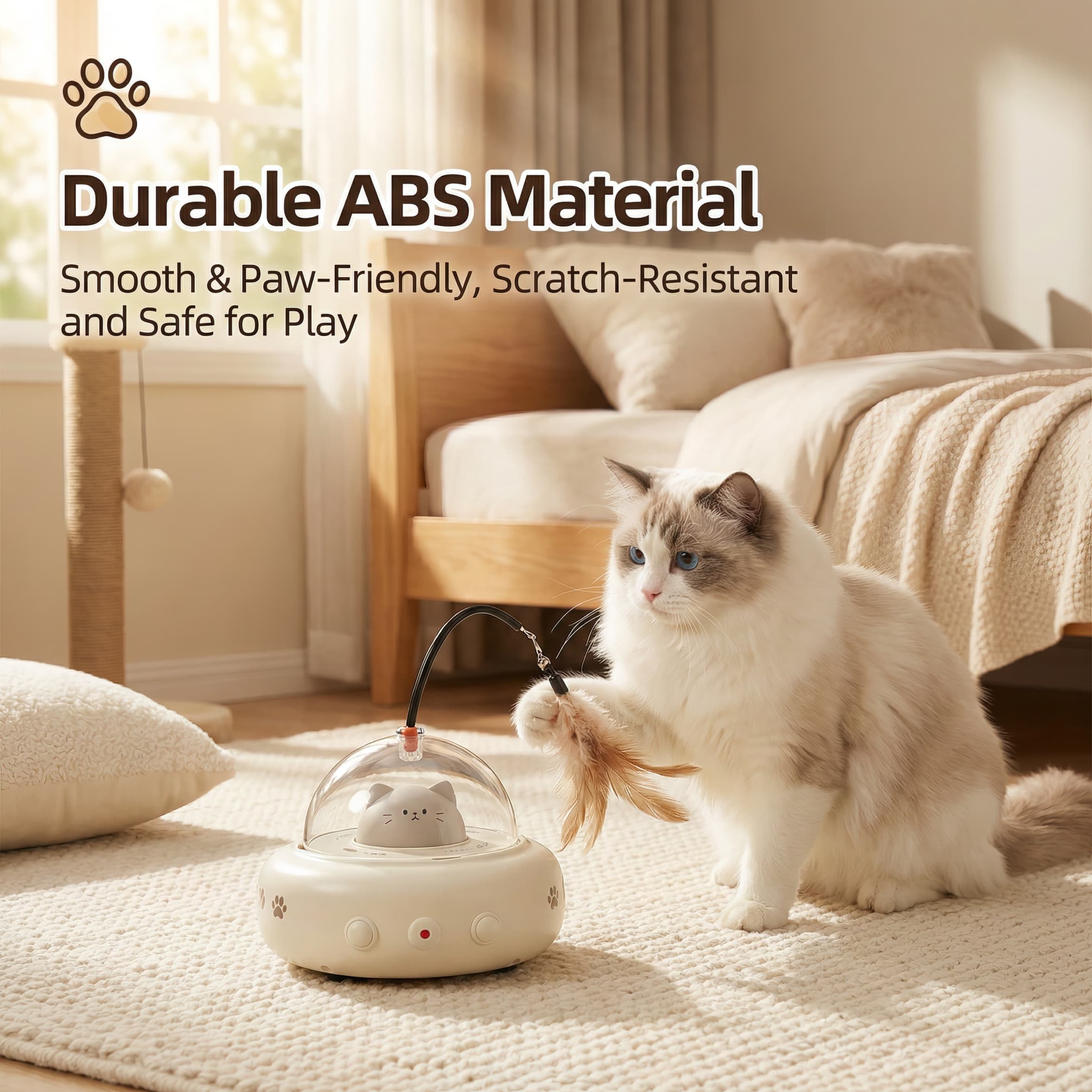 Cat playing with a toy in a cozy living room, emphasizing durable ABS material.