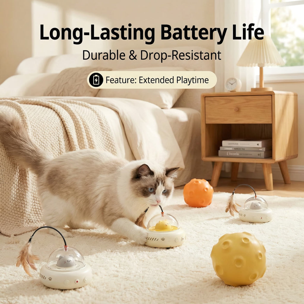 Cat playing with a toy in a cozy living room, with text about long-lasting battery life and durable design.