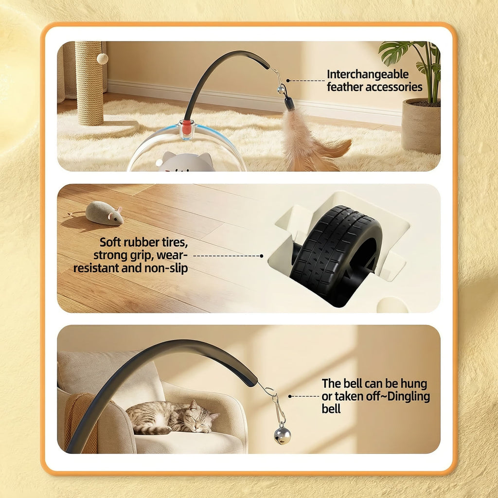 Cat toy with interchangeable feather accessories, soft rubber tires, and a dinging bell on a beige background.
