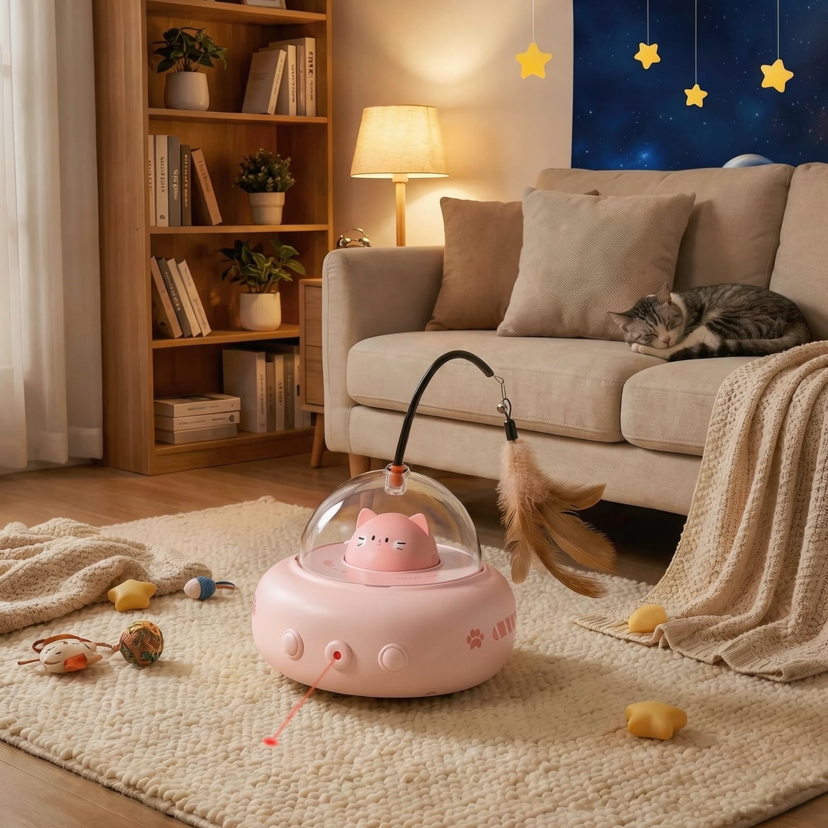 Pink pet toy with a transparent dome on a rug in a cozy living room.