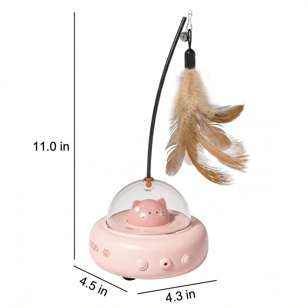 Pink cat toy with a feather on a white background with dimensions