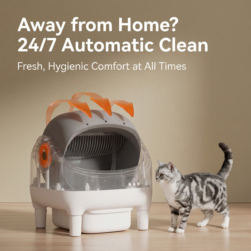 Automatic litter box with a cat next to it on a wooden floor, against a beige wall.